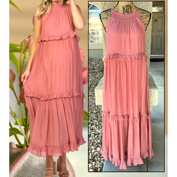 PinkBlush Mauve Halter Neck Ruffle Trim Maternity Maxi Dress Size: S - Picture 2 of 7